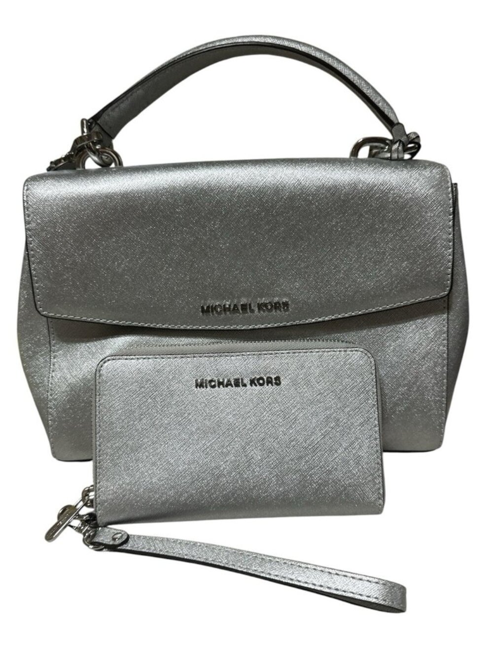 Michael Kors Ava Medium Leather Satchel Handbag and Wristlet Wallet Set Silver